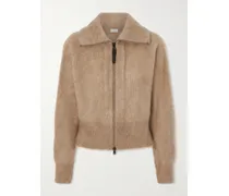 Ribbed Brushed-knit Zip-up Cardigan - Brown