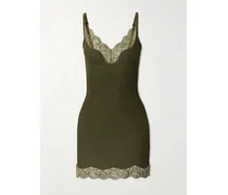 Lace-trimmed Ribbed Silk-jersey Mini Dress - Green