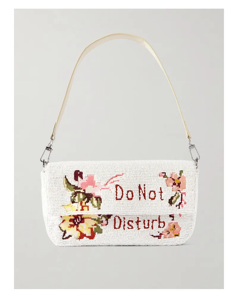 STAUD Timmy Leather-trimmed Beaded Satin Shoulder Bag - Off-white Off-white