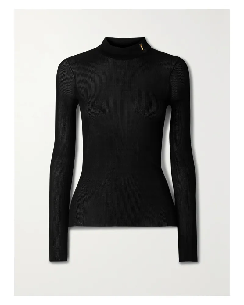 Saint Laurent Ribbed Silk Turtleneck Top - Black Black