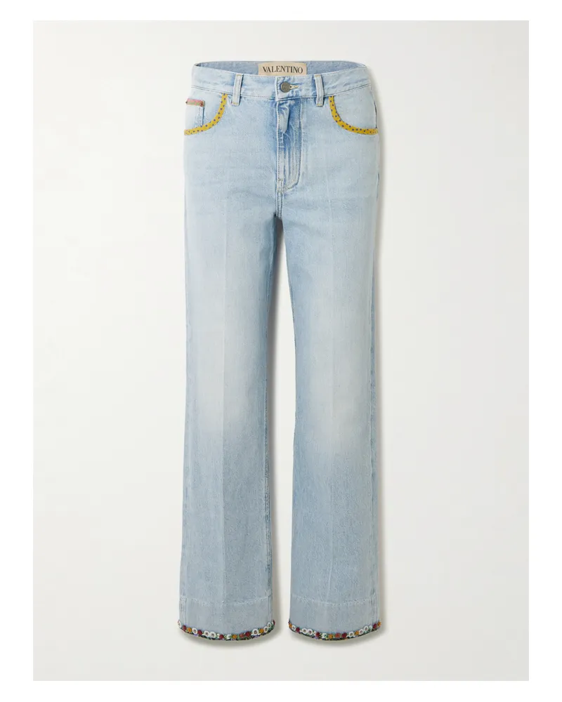 Valentino Garavani Halbhohe Jeans Mit Geradem Bein Mit Zierperlen Und Bedruckten Chiffonbesätzen - Blau Blau