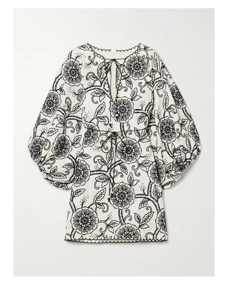 Zimmermann Tallow Minikleid Aus Leinen Mit Stickereien Und Bindegürtel - Elfenbein Elfenbein