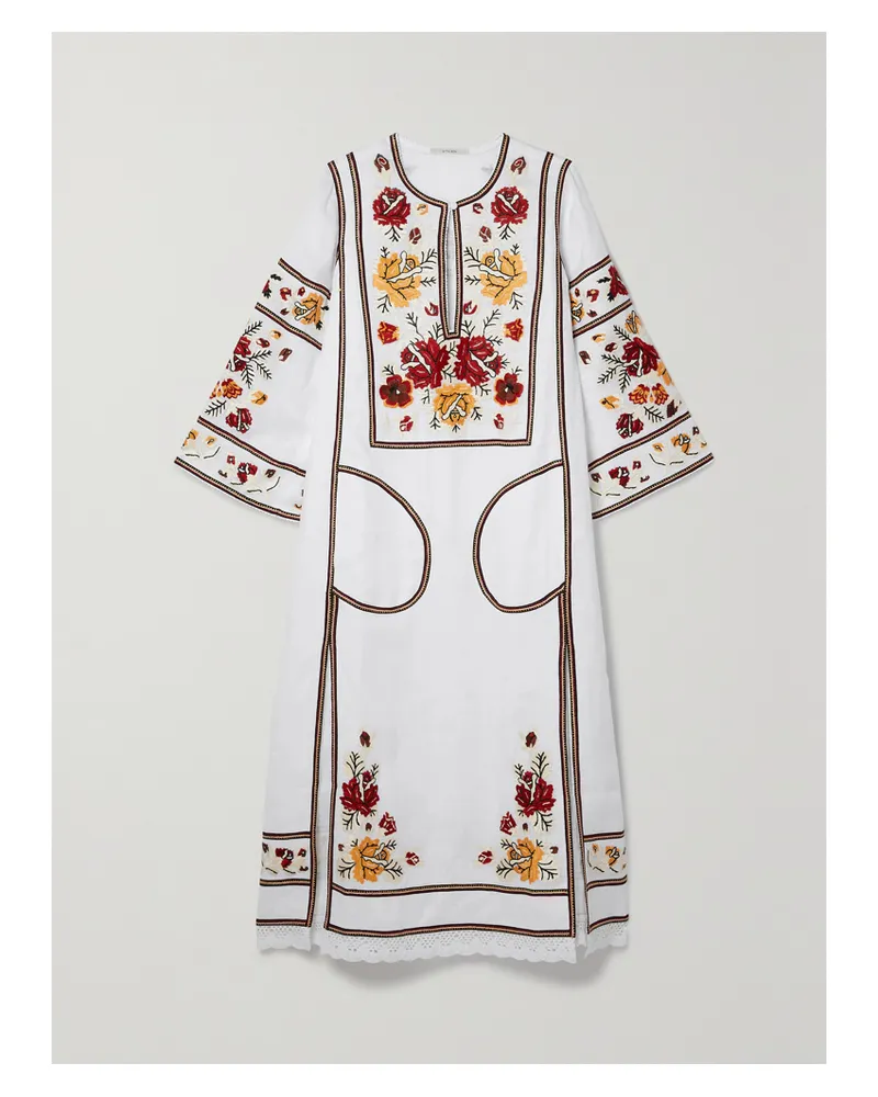 VITA KIN Asya Midikleid Aus Leinengaze Mit Häkelbesätzen Und Stickereien - Weiß Weiß