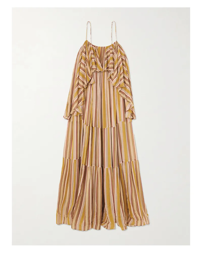 Zimmermann Rebellion Ruffled Tiered Striped Crepe De Chine Midi Dress - Yellow Yellow