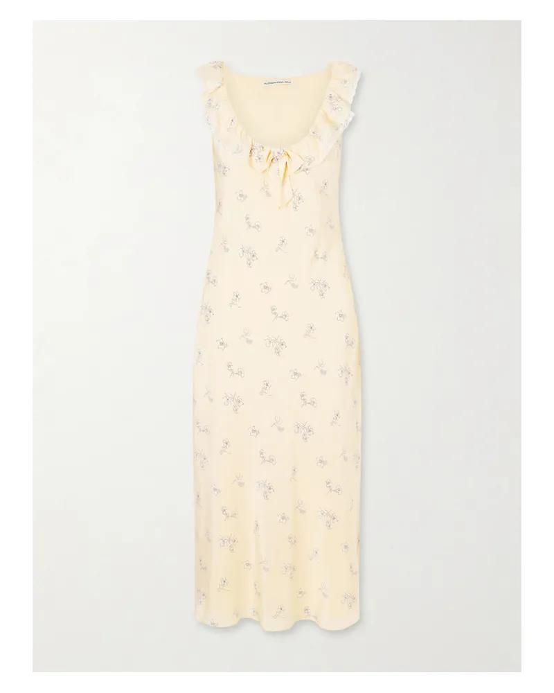 Alessandra Rich Floral-print Lace-trimmed Silk-satin Midi Dress - Yellow Yellow