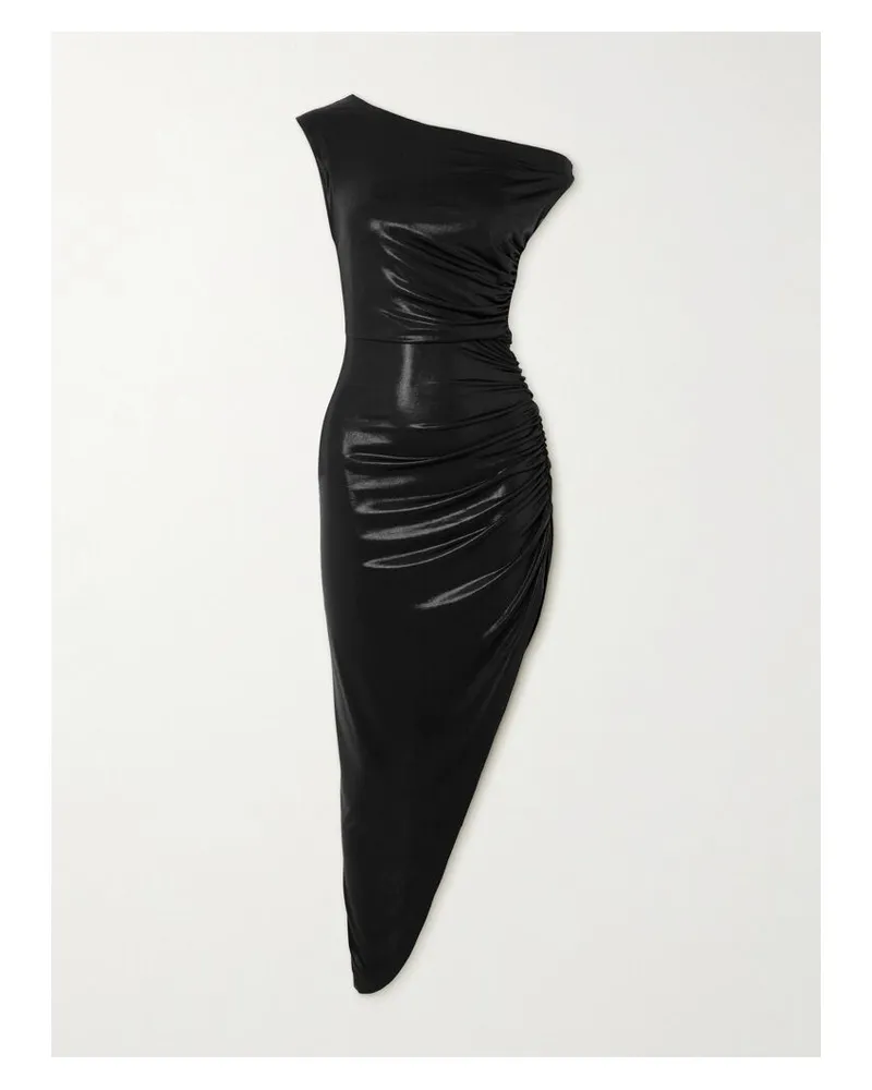 Norma Kamali Asymmetrisches Midikleid Aus Stretch-lamé Mit Raffung - Schwarz Schwarz