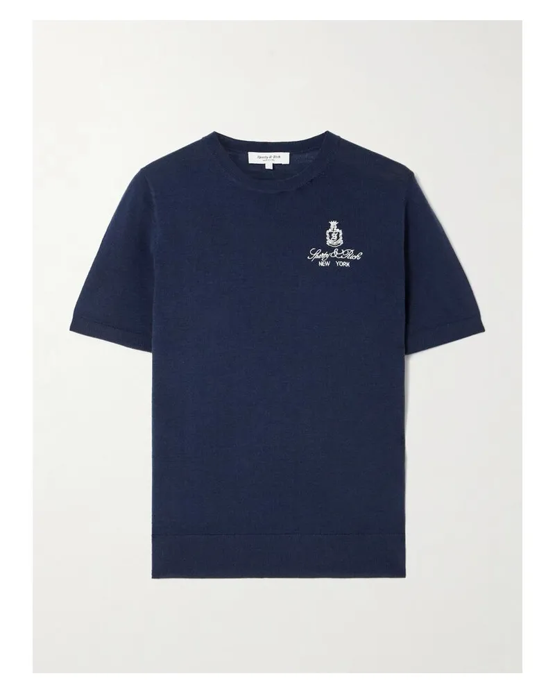 SPORTY & RICH Vendome T-shirt Aus Merinowolle Mit Stickerei - Blau Blau