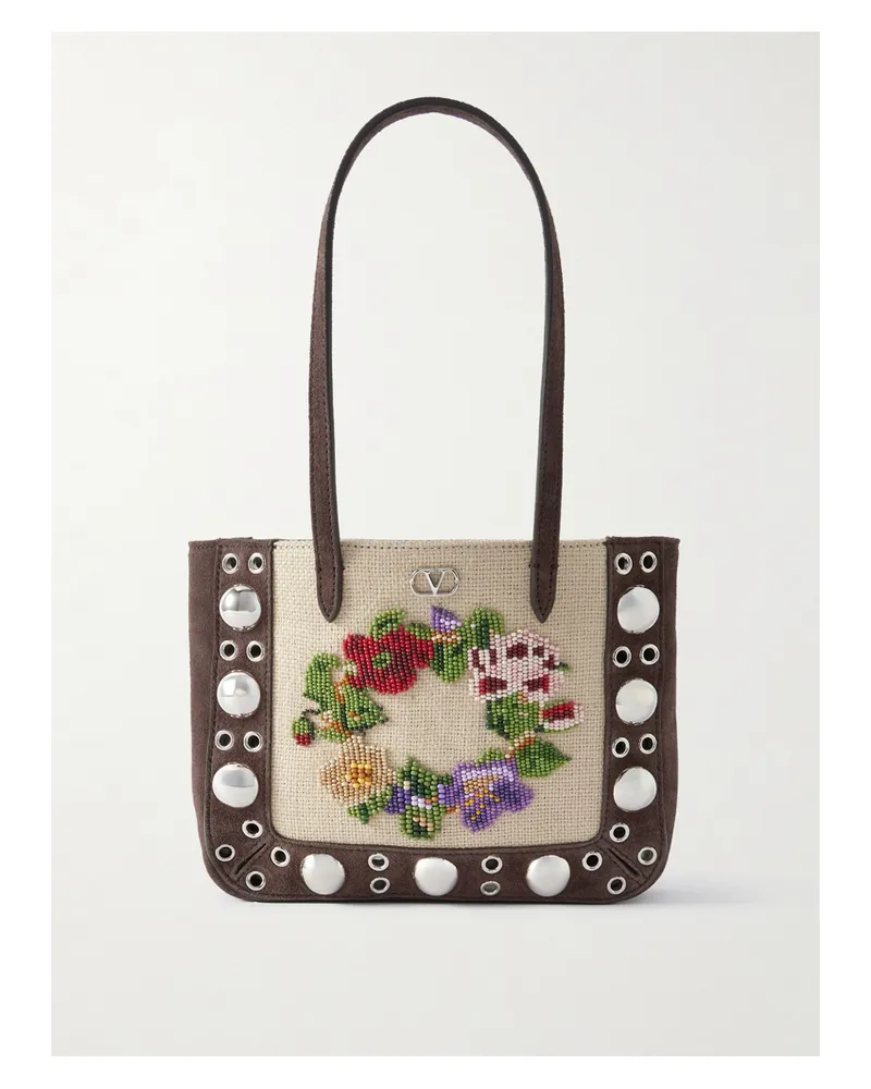Valentino Garavani Nellcôte Mini Tote Aus Canvas Und Veloursleder Mit Flechtmuster Und Verzierungen - Braun Braun