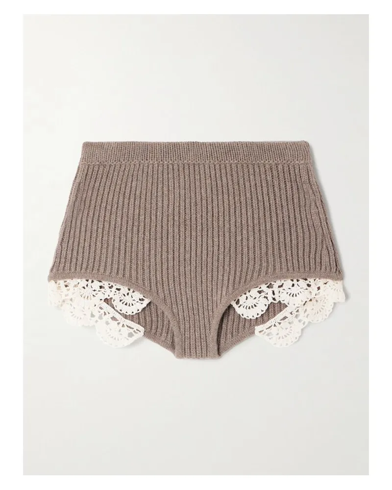 Magda Butrym Shorts Aus Geripptem Kaschmir Mit Besätzen Aus Gehäkelter Baumwollspitze - Braun Braun