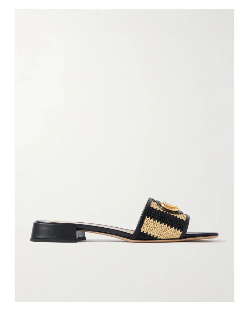 Valentino Garavani Vlogo Embellished Leather-trimmed Striped Raffia Slides - Black Black