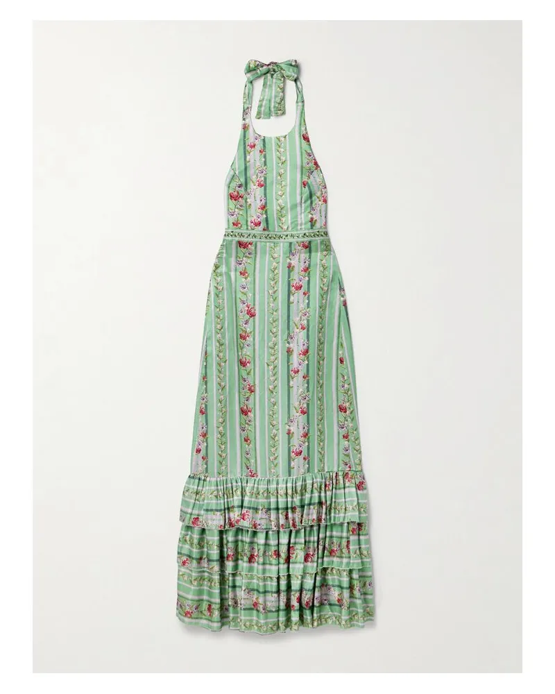 AGUA BENDITA Magnolia Honeysuckle Gestuftes Neckholder-maxikleid Aus Einer Leinen-seidenmischung Mit Blumenprint Und Stickereien - Grün Grün