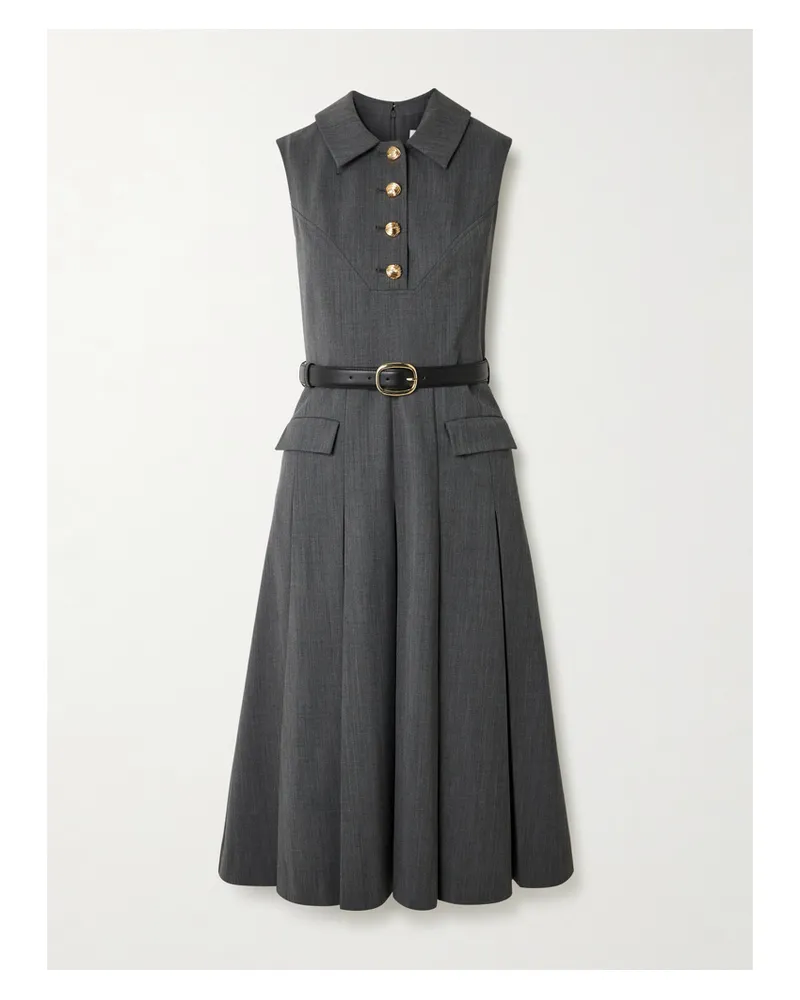 Self-Portrait Midikleid Aus Einer Wollmischung Mit Gürtel Aus Leder Und Falten - Grau Grau