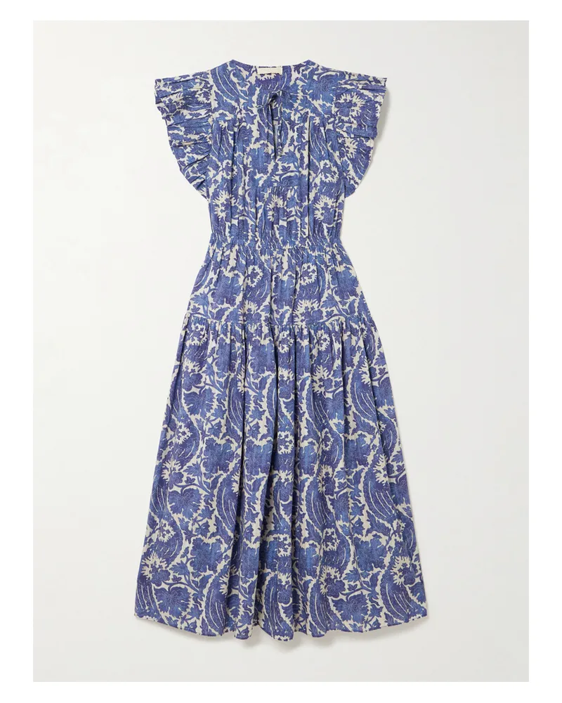 Ulla Johnson Kairi Midikleid Aus Einer Baumwollmischung Mit Blumenprint Und Volants - Blau Blau