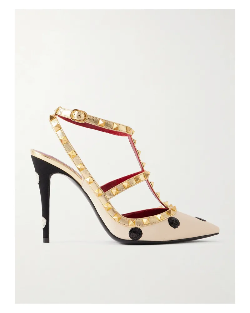 Valentino Garavani Rockstud 100 Pumps Aus Canvas Mit Polka-dots, Nieten Und Verzierung - Creme Creme