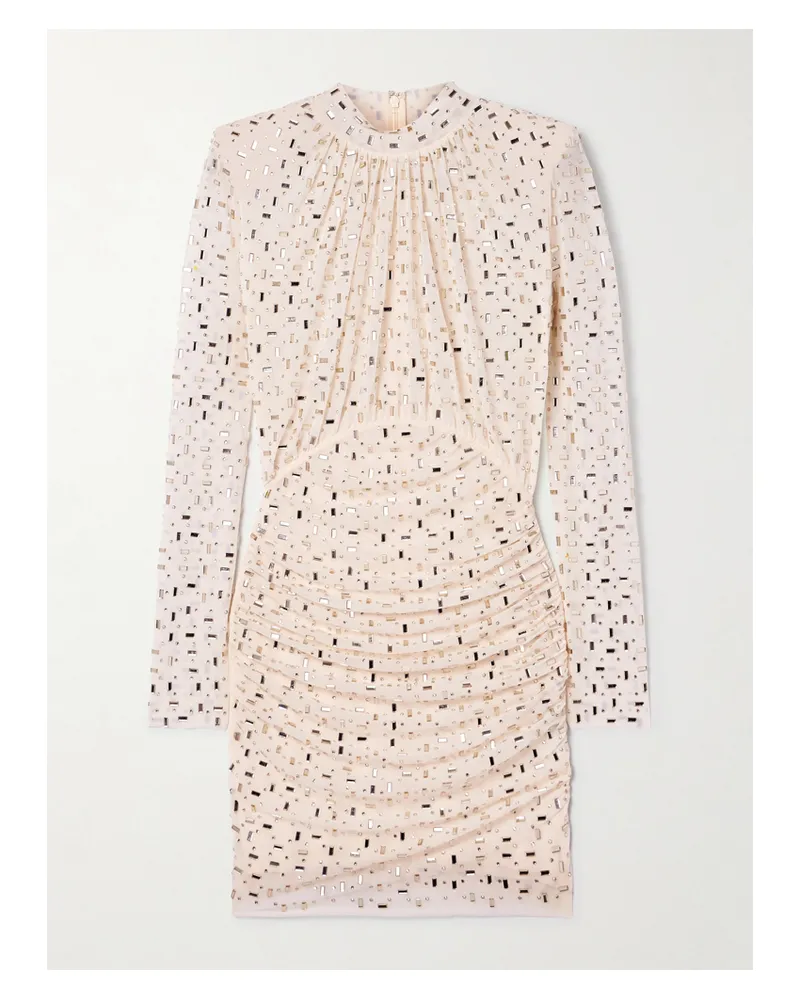 Self-Portrait Minikleid Aus Mesh Mit Stehkragen, Raffungen Und Verzierungen - Creme Creme