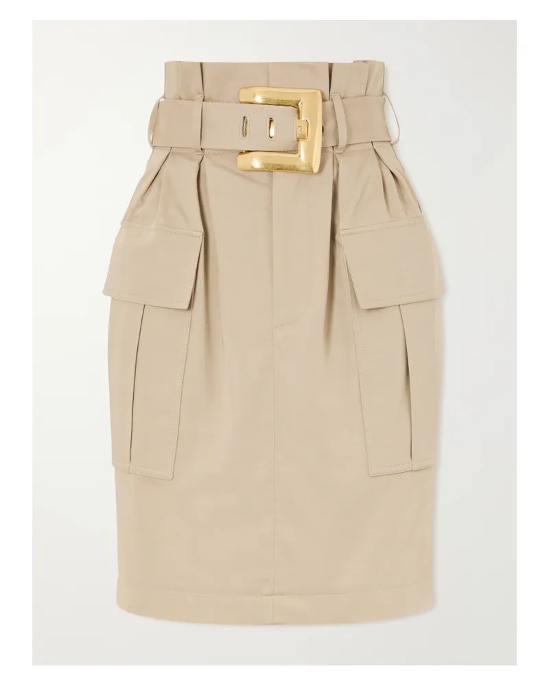 Balmain Belted Cotton-gabardine Midi Skirt - Neutrals Neutrals