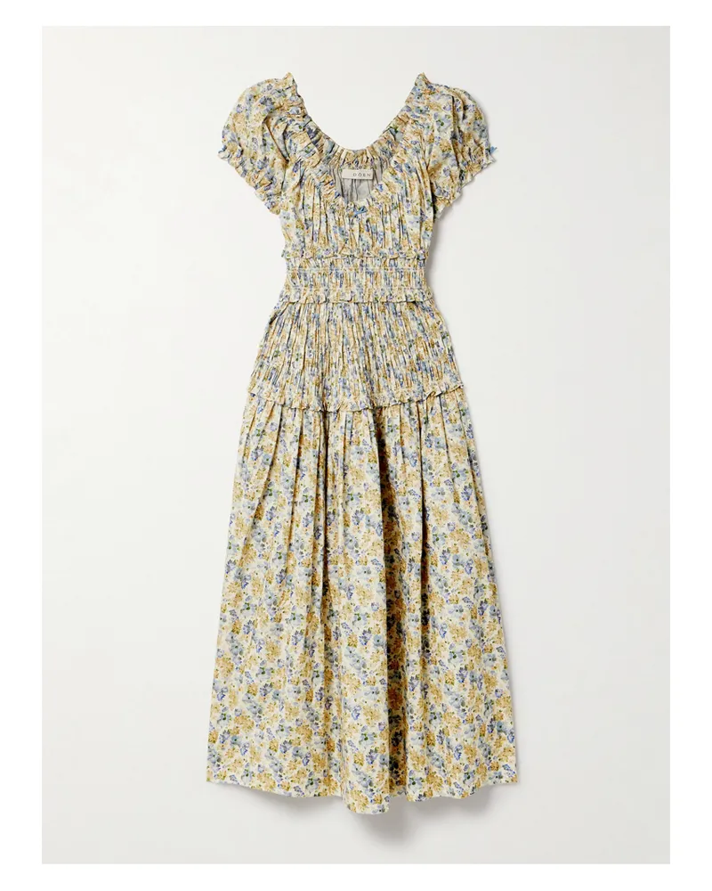 DÔEN Leanne Shirred Floral-print Cotton-voile Midi Dress - Yellow Yellow