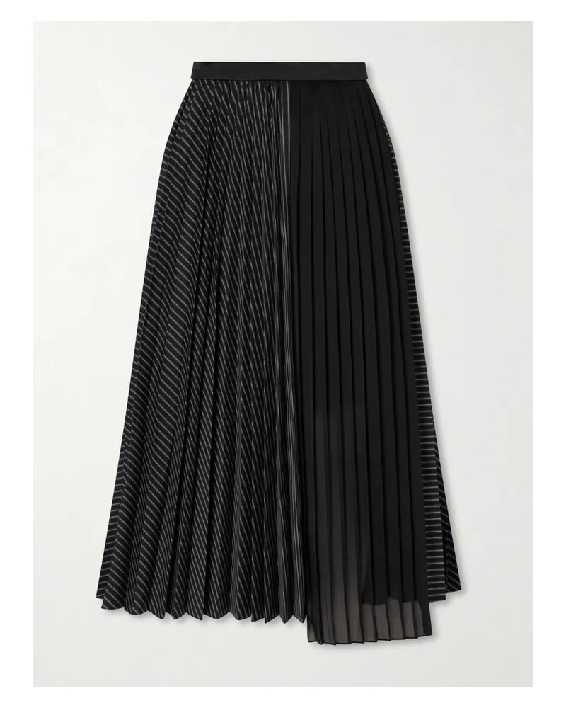Sacai Pleated Striped Chiffon-trimmed Cotton-blend Poplin Maxi Skirt - Black Black