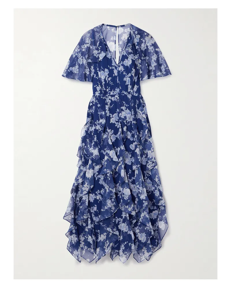 Carolina Herrera New York Midikleid Aus Seidenkrepon Mit Blumenprint, Rüschen Und Cape-effekt - Blau Blau