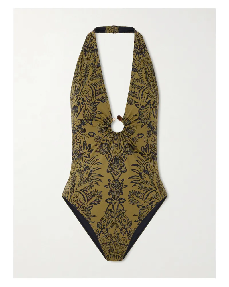 Ulla Johnson Milos Embellished Ring-detailed Printed Swimsuit - Green Green