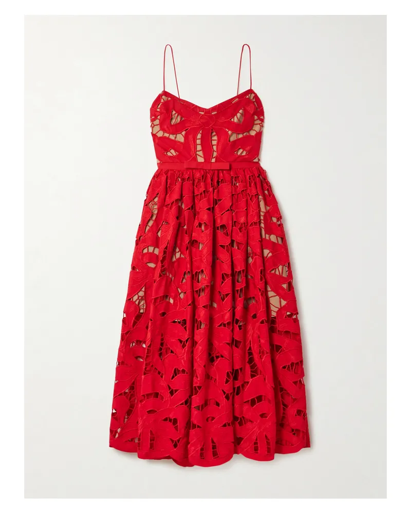 Self-Portrait Midikleid Aus Guipure-spitze Aus Baumwolle Mit Schleife - Rot Rot