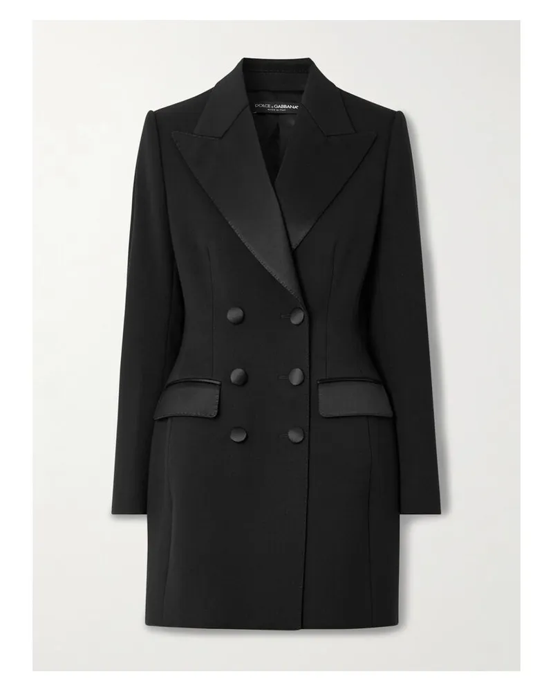 Dolce & Gabbana Doppelreihiger Mantel Aus Twill Aus Einer Wollmischung Mit Satinbesätzen Aus Einer Seidenmischung - Schwarz Schwarz