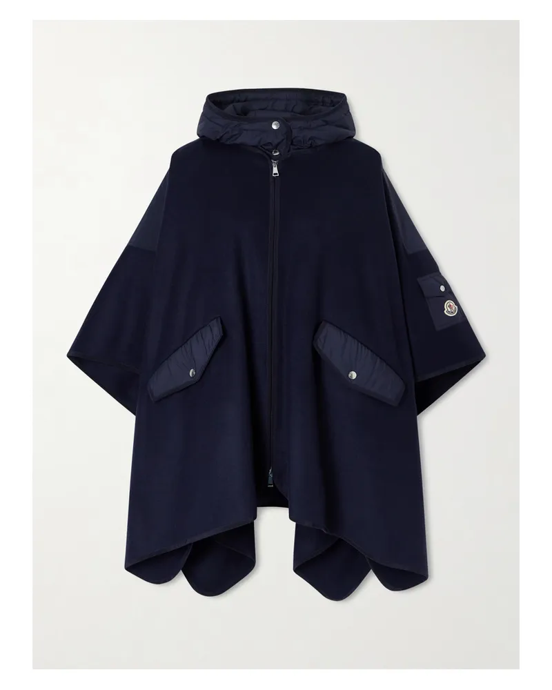 Moncler Hooded Appliquéd Shell-trimmed Wool-blend Cape - Blue Blue