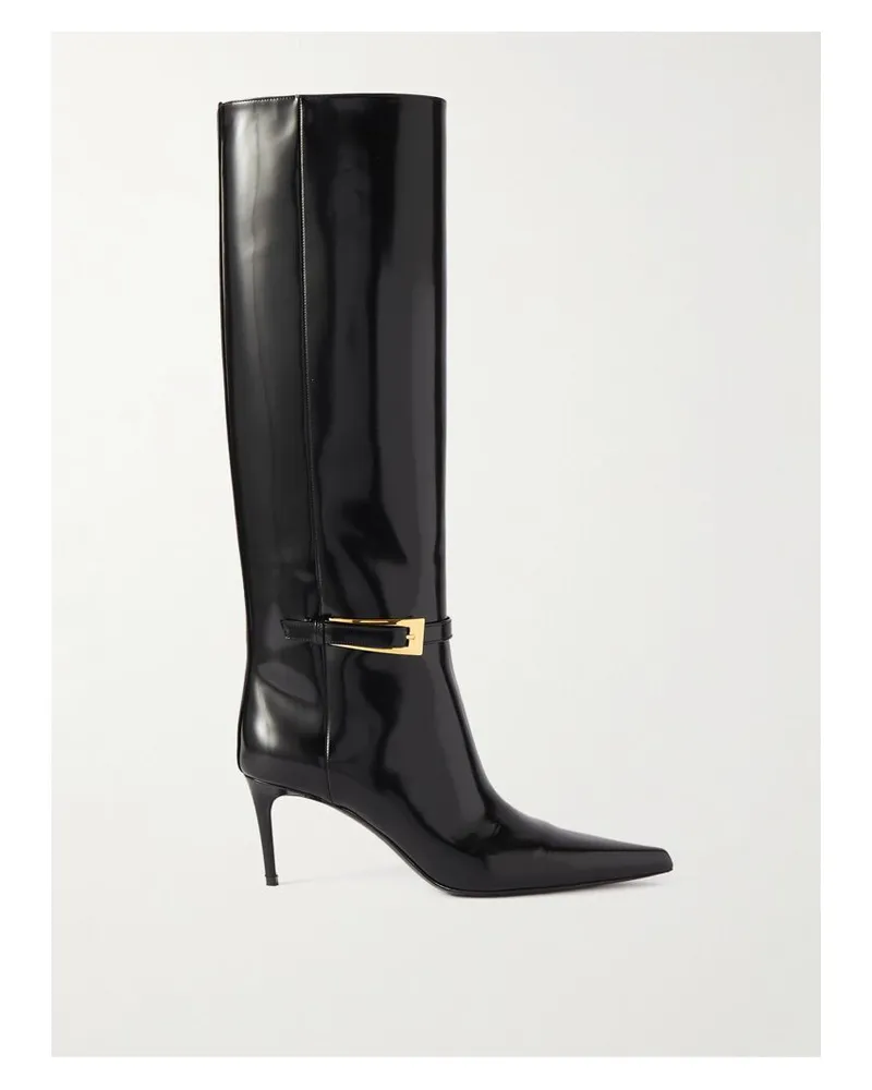 Saint Laurent Lee Kniehohe Stiefel Aus Glanzleder Mit Schnalle - Schwarz Schwarz