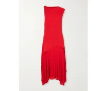 Marl Asymmetric Draped Gauze Midi Dress - Red