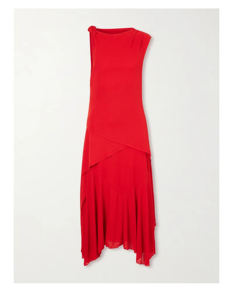 Ganni Marl Asymmetric Draped Gauze Midi Dress - Red Red