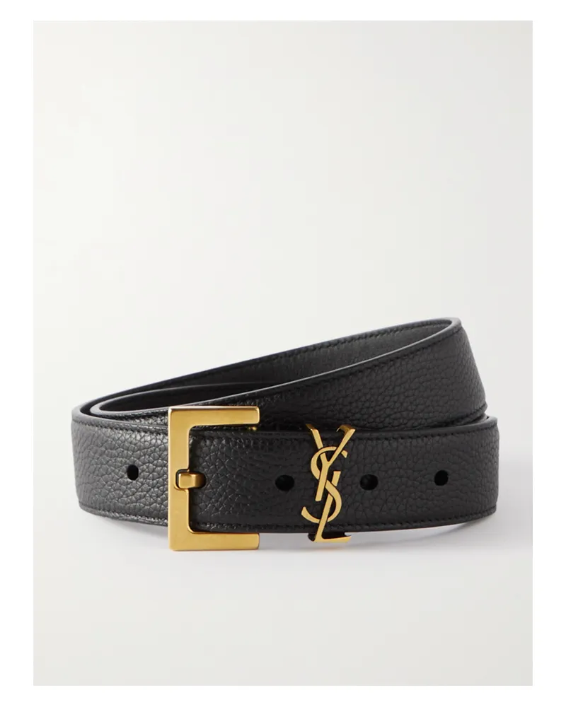 Saint Laurent Cassandre Textured-leather Belt - Black Black