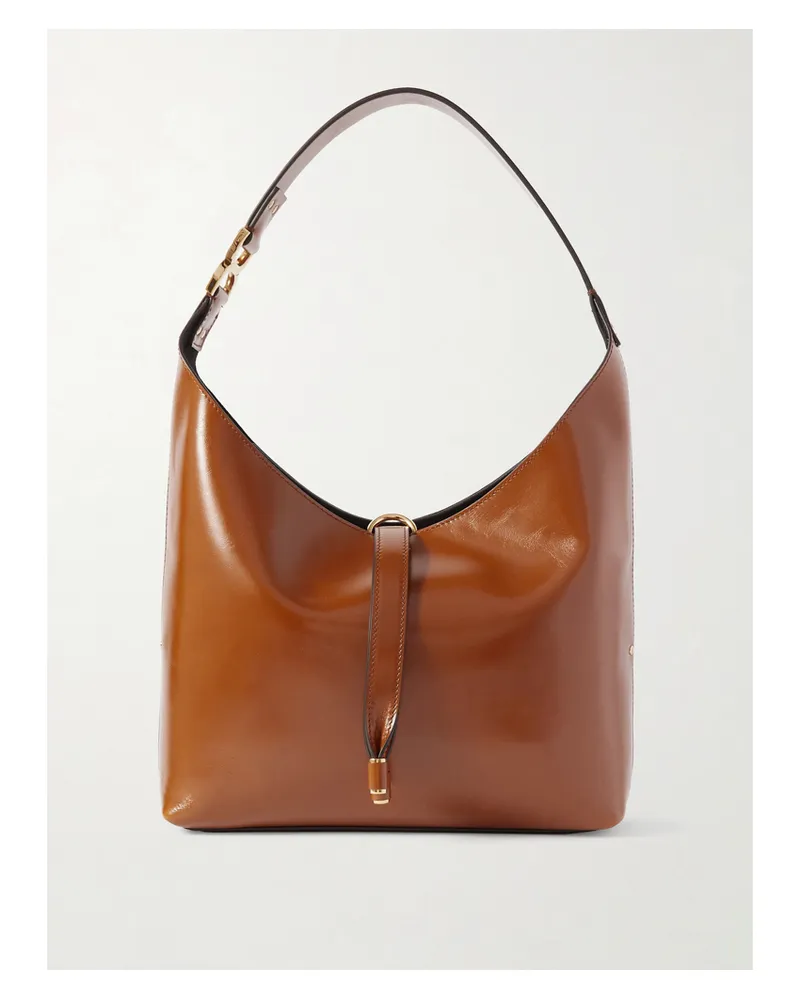 Chloé Marcie Embellished Glossed Textured-leather Shoulder Bag - Brown Brown