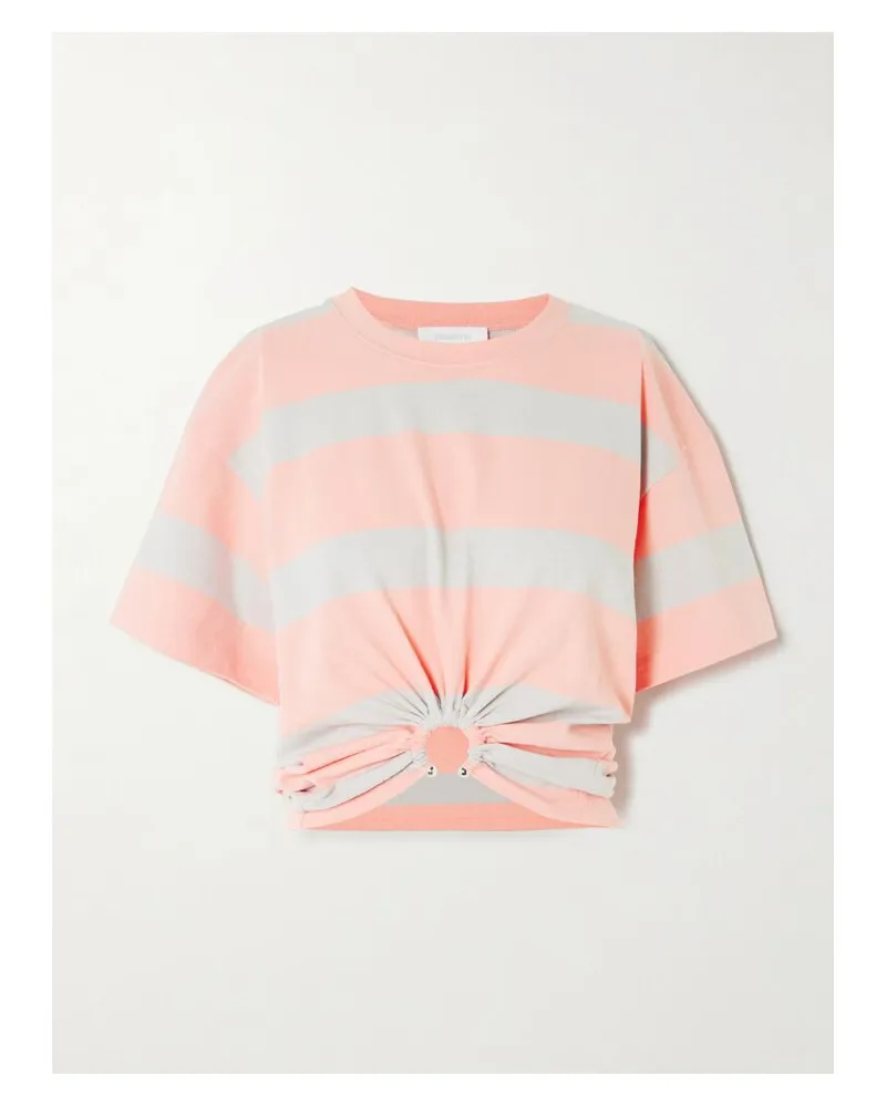 Paco Rabanne T-shirt Aus Gestreiftem Baumwoll-jersey Mit Verzierung Und Raffungen - Pink Pink