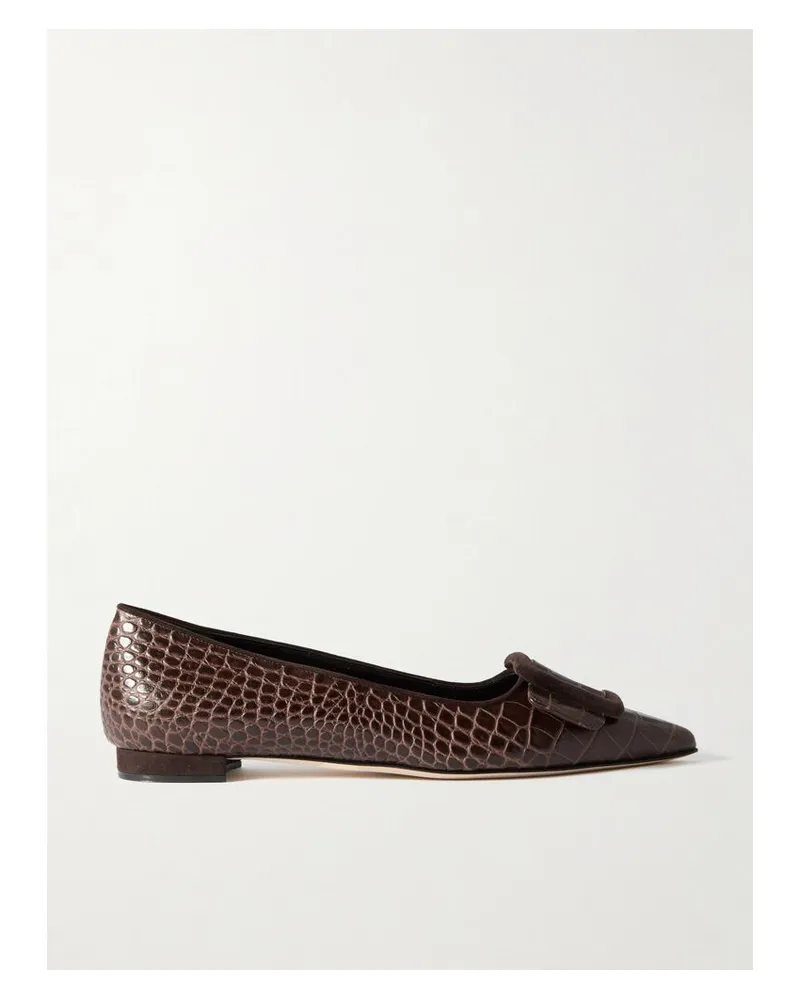 Manolo Blahnik Maysale 10 Ballerinas Mit Spitzer Kappe Aus Leder Mit Krokodileffekt, Velourslederbesätzen Und Schnalle - Braun Braun
