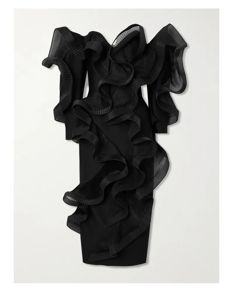 Maticevski Stem Wave Trägerloses Midikleid Aus Einer Woll-seidenmischung Mit Falten Und Volants - Schwarz Schwarz