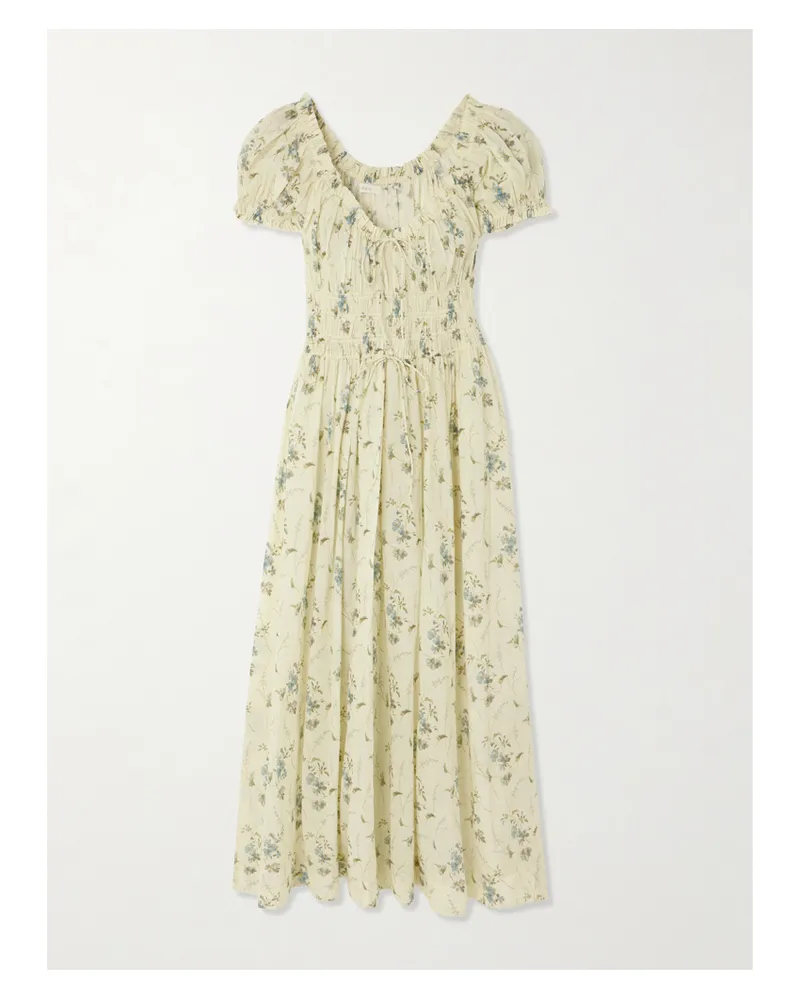 DÔEN Ashlynn Tie-detailed Shirred Floral-print Organic Cotton-voile Midi Dress - Yellow Yellow