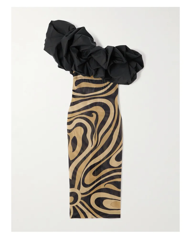 Emilio Pucci Marmo One-shoulder Ruffled Cotton Poplin-trimmed Printed Mesh Maxi Dress - Black Black