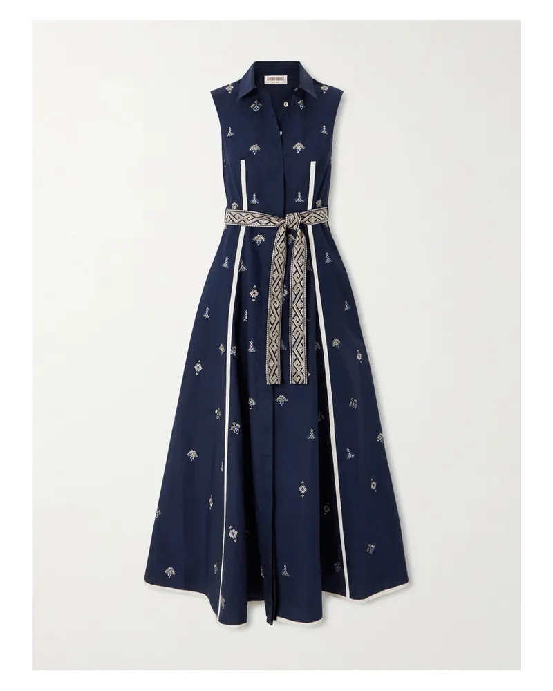 Emporio Sirenuse Belted Embroidered Cotton-poplin Midi Dress - Blue Blue