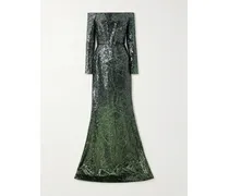 Off-the-shoulder Belted Sequined Silk-blend Gown - Green