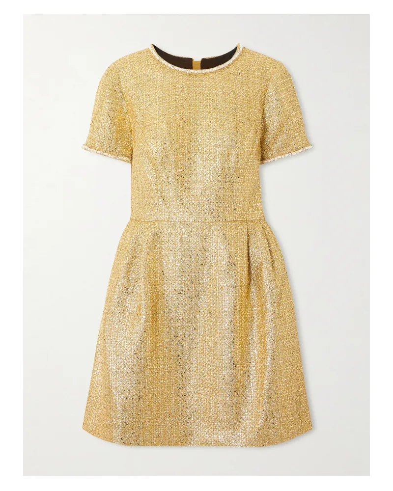 Carolina Herrera New York Crystal And Faux Pearl Embellished Metallic Tweed Mini Dress - Gold Gold