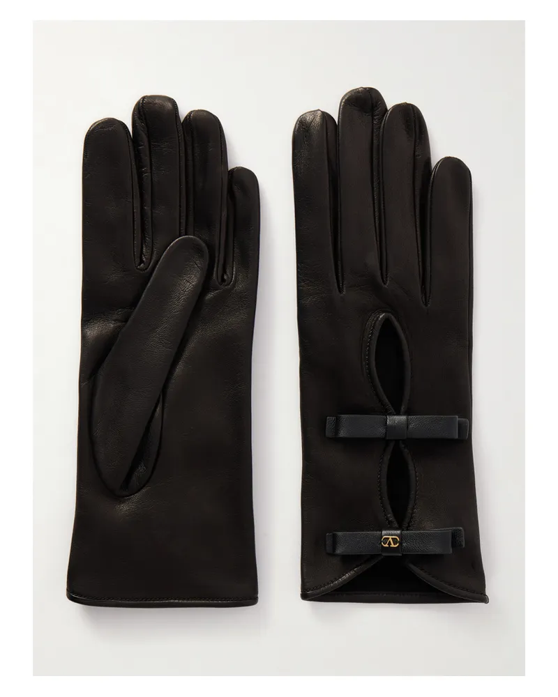 Valentino Garavani Vlogo Bow-embellished Leather Gloves - Black Black