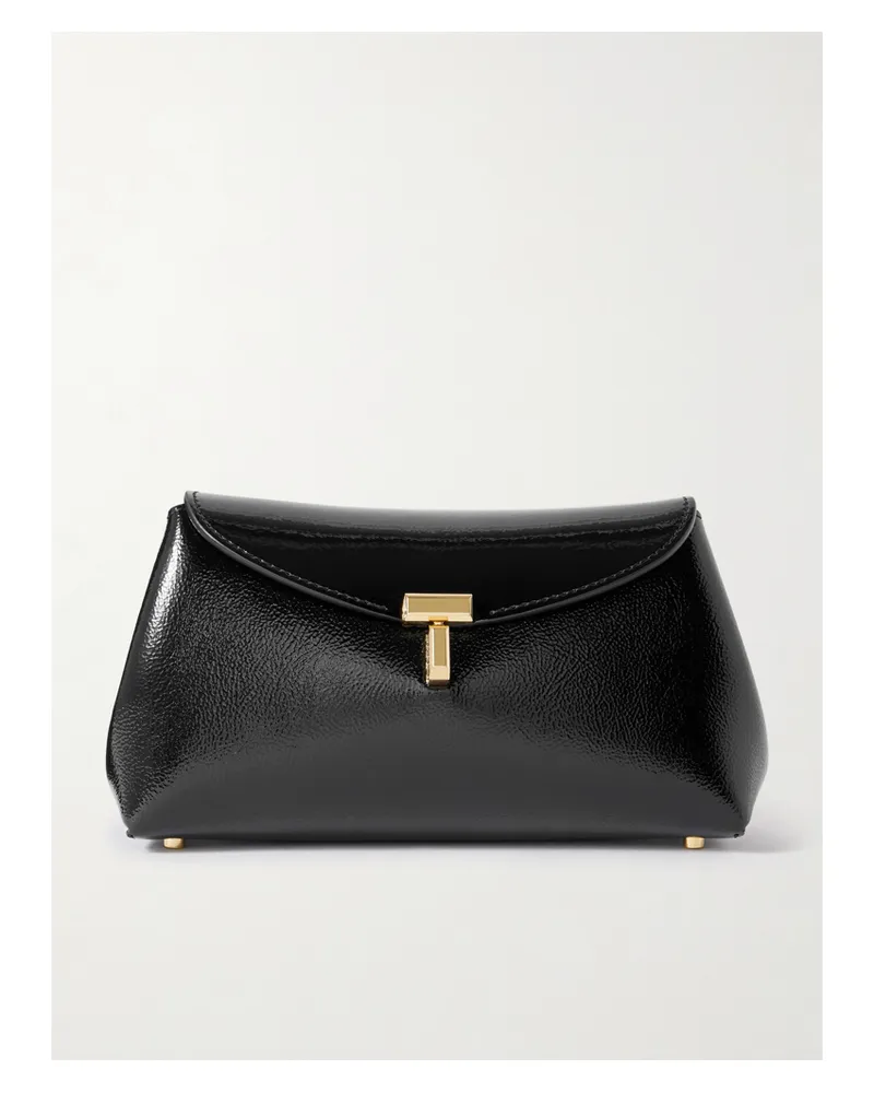Totême T-lock Mini Textured Patent-leather Clutch - Black Black