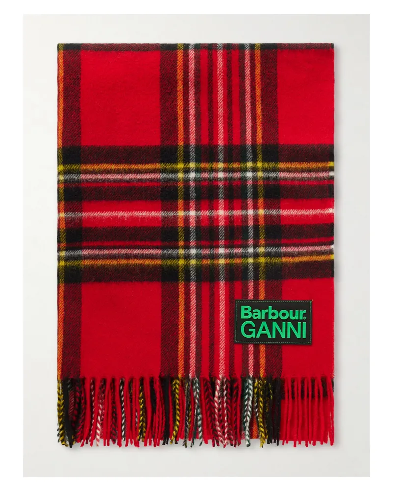 Barbour Ganni Fringed Appliquéd Checked Wool Scarf - Red Red