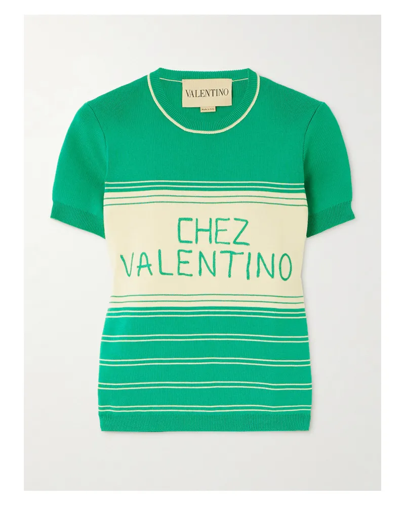 Valentino Garavani Gestreiftes T-shirt Aus Baumwolle Mit Stickerei - Grün Grün