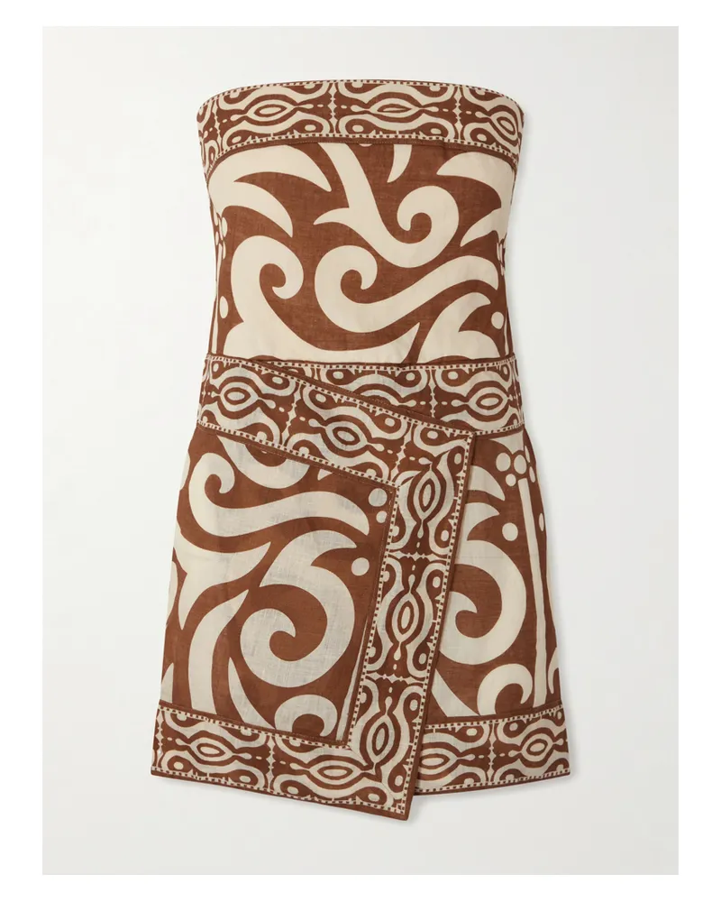 Johanna Ortiz Raiz Ritual Strapless Printed Linen Mini Dress - Brown Brown