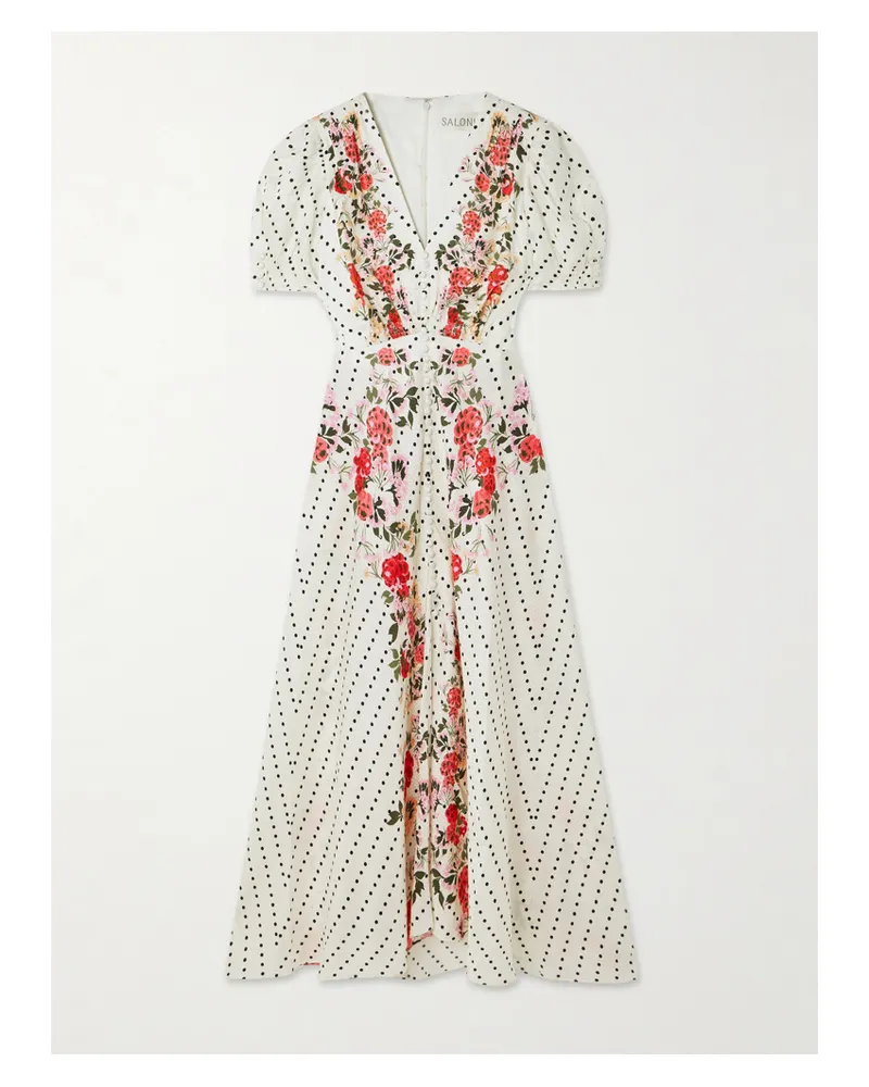 Saloni Lea Polka-dot Floral-print Silk-jacquard Midi Dress - Off-white Off-white