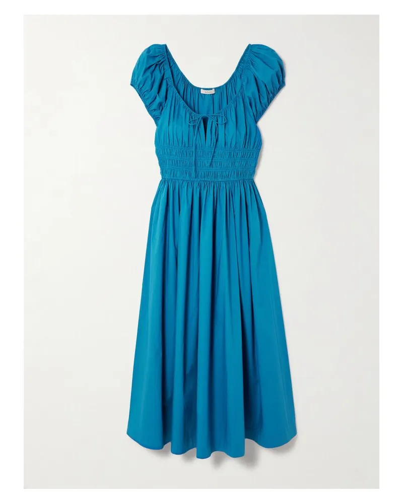 DÔEN Quinn Midikleid Aus Baumwollpopeline Mit Raffungen Und Bändern - Blau Blau