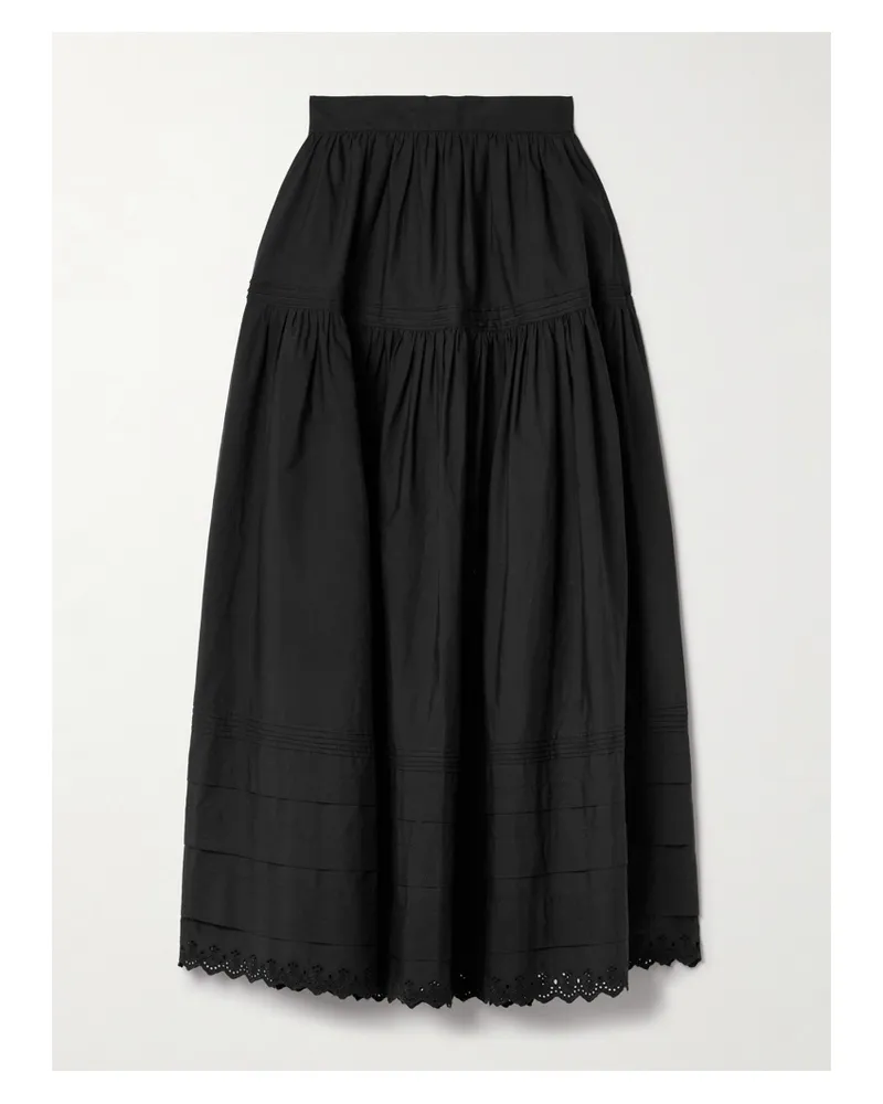 DÔEN Sebastiane Crochet-trimmed Organic Cotton-poplin Midi Skirt - Black Black
