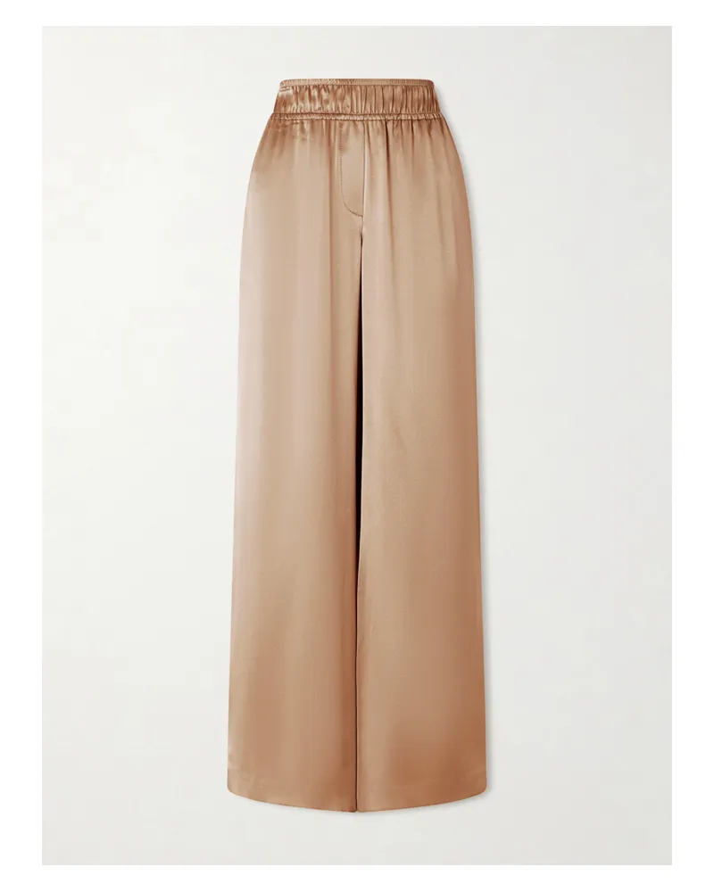 Brunello Cucinelli Stretch Silk-blend Satin Wide-leg Pants - Brown Brown