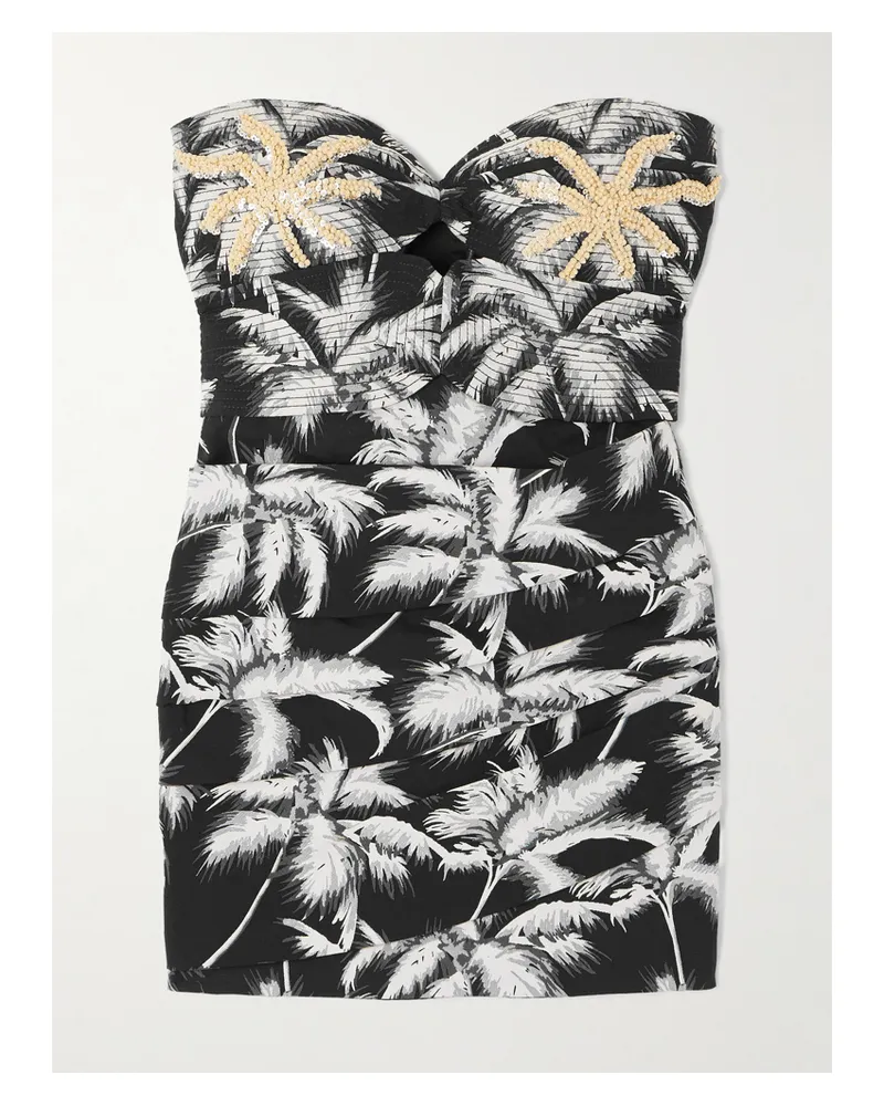 Johanna Ortiz Sombra Tropical Trägerloses Minikleid Aus Einer Bedruckten Baumwollmischung Mit Verzierungen - Schwarz Schwarz
